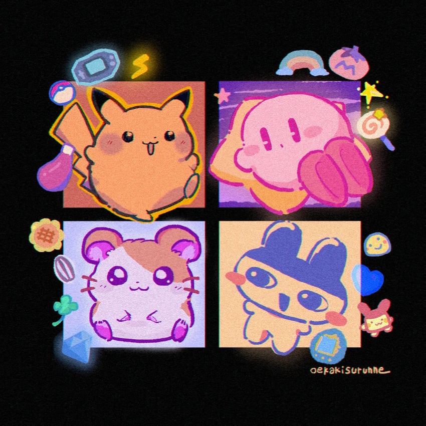 pikachu, kirby, hamtaro, mametchi, mimitchi, and 1 more (pokemon and 3 more) drawn by oedede