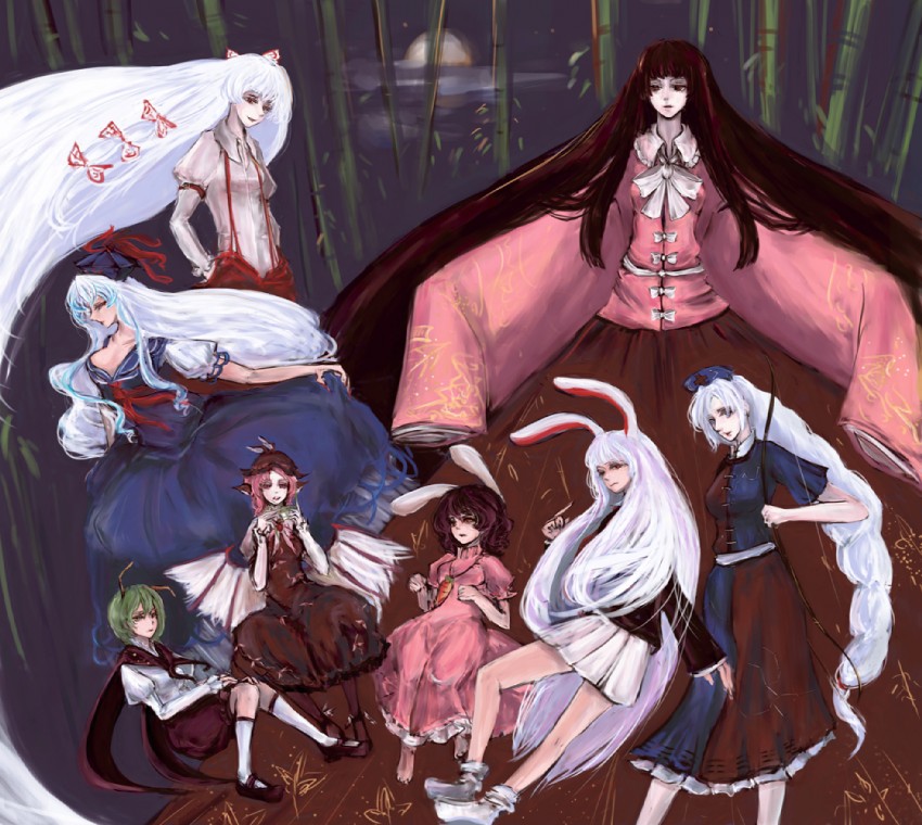reisen udongein inaba, fujiwara no mokou, kamishirasawa keine, houraisan kaguya, mystia lorelei, and 3 more (touhou and 1 more)
