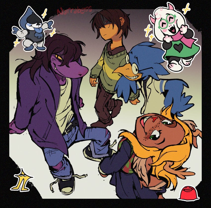 susie, ralsei, noelle holiday, lancer, berdly, and 2 more (deltarune) drawn by narrabyss