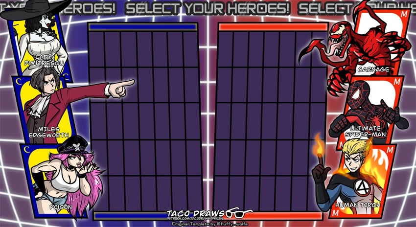 miles edgeworth, poison, alcina dimitrescu, spider-man, johnny storm, and 2 more (marvel and 7 more) drawn by tacodraws