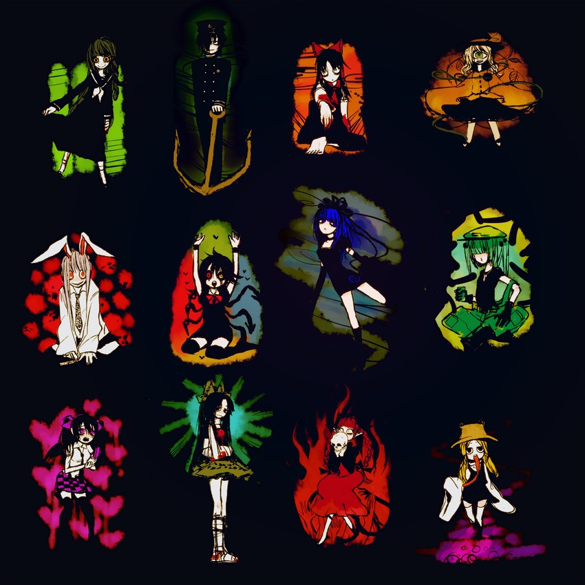 hakurei reimu, komeiji koishi, kochiya sanae, reisen udongein inaba, kaenbyou rin, and 9 more (touhou) drawn by hachimillion