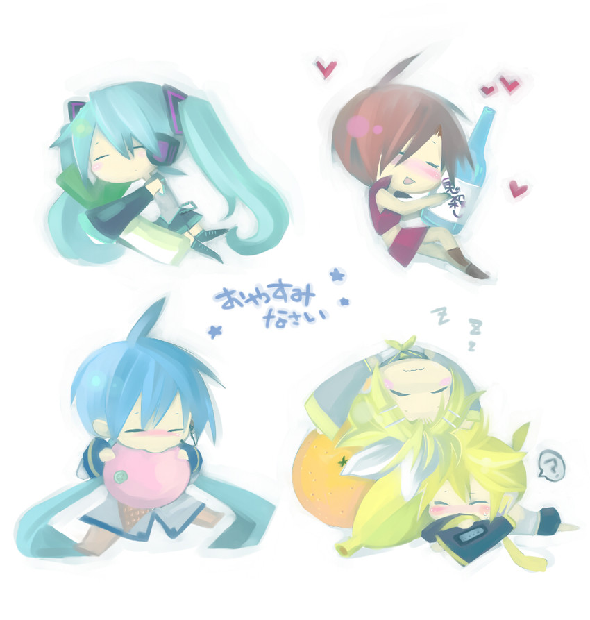 hatsune miku, kagamine rin, kagamine len, kaito, and meiko (vocaloid) drawn by akisame_kou