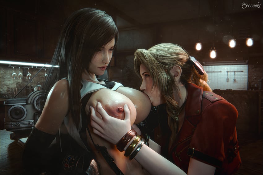 tifa lockhart and aerith gainsborough (final fantasy and 2 more) drawn by ceeeeekc and mokujin_hornywood