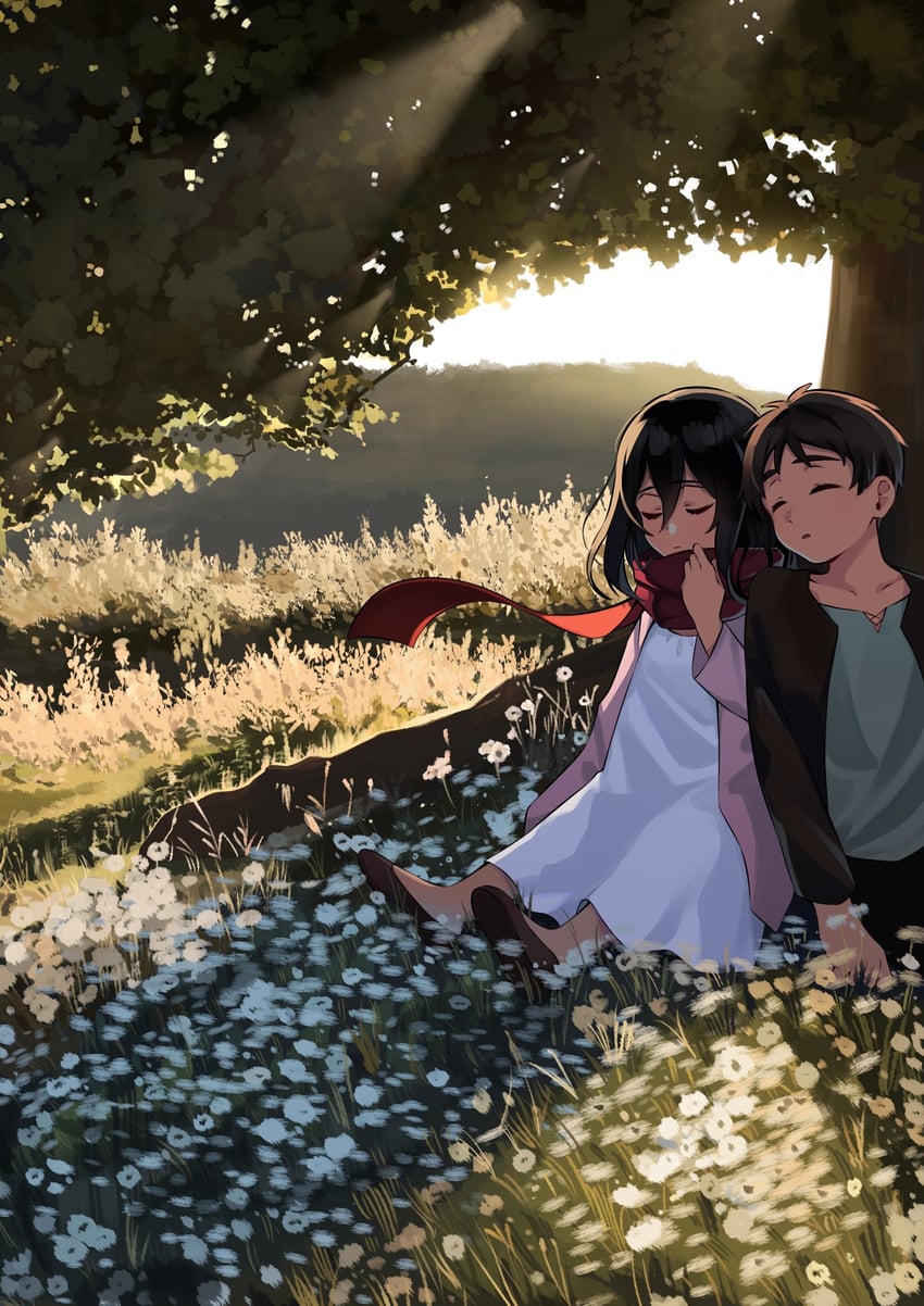 mikasa ackerman and eren yeager (shingeki no kyojin) drawn by mumechi