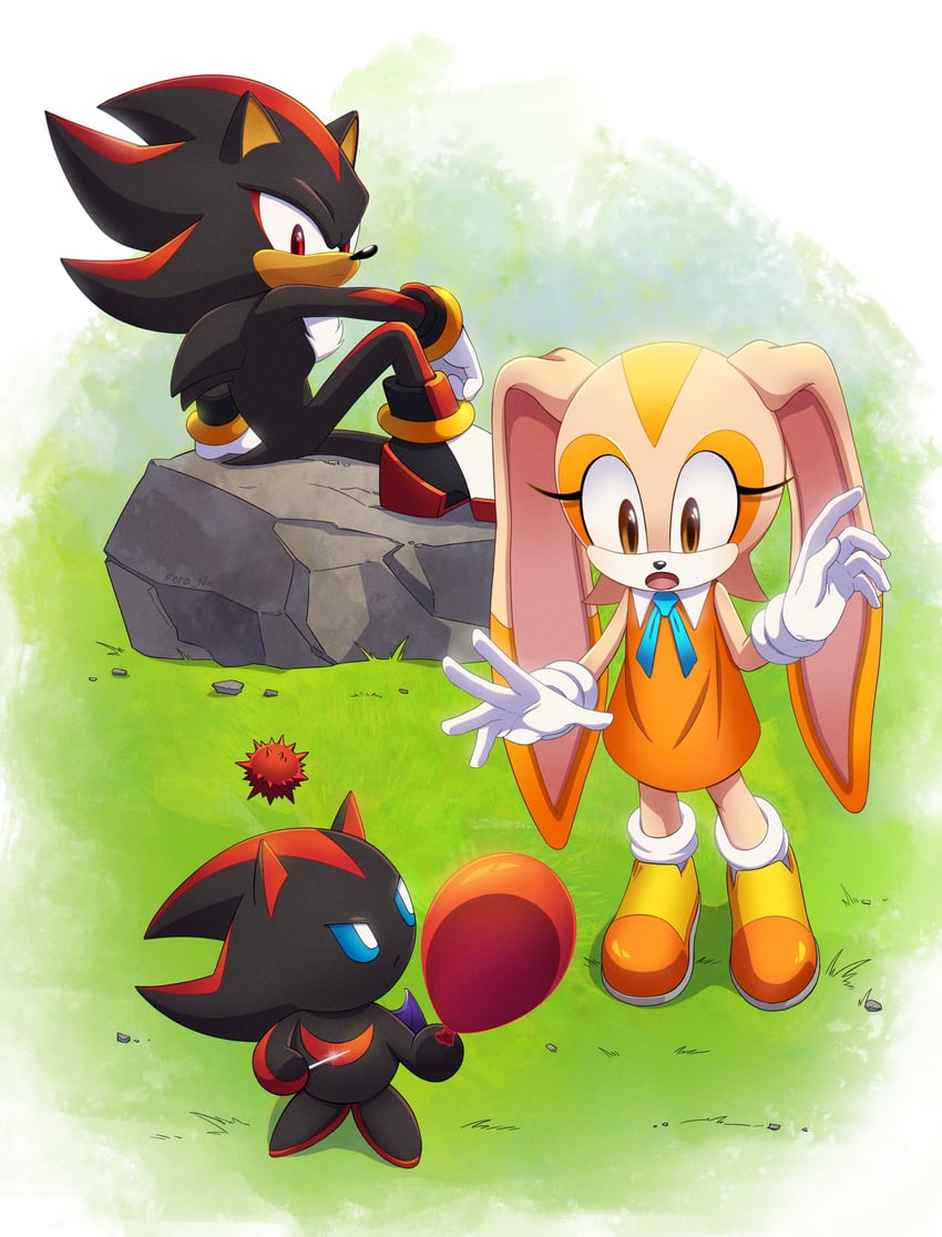 shadow the hedgehog, cream the rabbit, dark chao, and shadow chao (sonic) drawn by rero_(rero_nn)