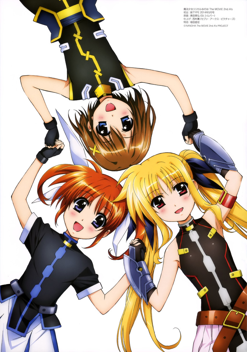 fate testarossa, takamachi nanoha, and yagami hayate (lyrical nanoha and 3 more) drawn by okuda_yasuhiro
