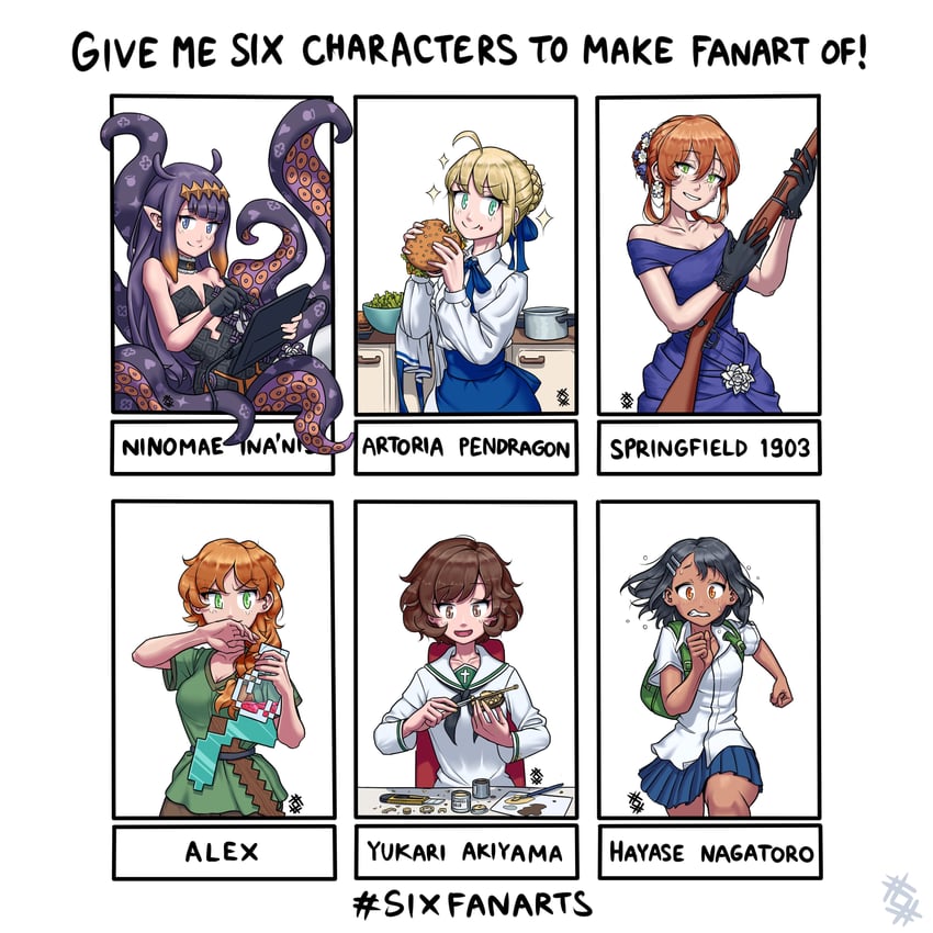 artoria pendragon, ninomae ina'nis, akiyama yukari, springfield, nagatoro hayase, and 1 more (fate and 7 more) drawn by ostwindprojekt