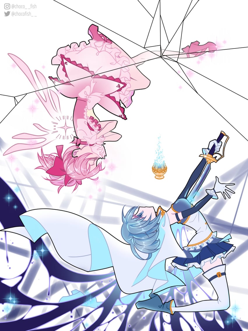 kaname madoka and miki sayaka (mahou shoujo madoka magica) drawn by chocofish