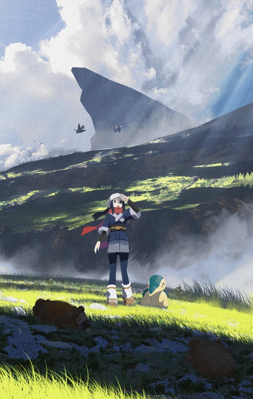 akari, cyndaquil, starly, and bidoof (pokemon and 1 more) drawn by asteroid_ill