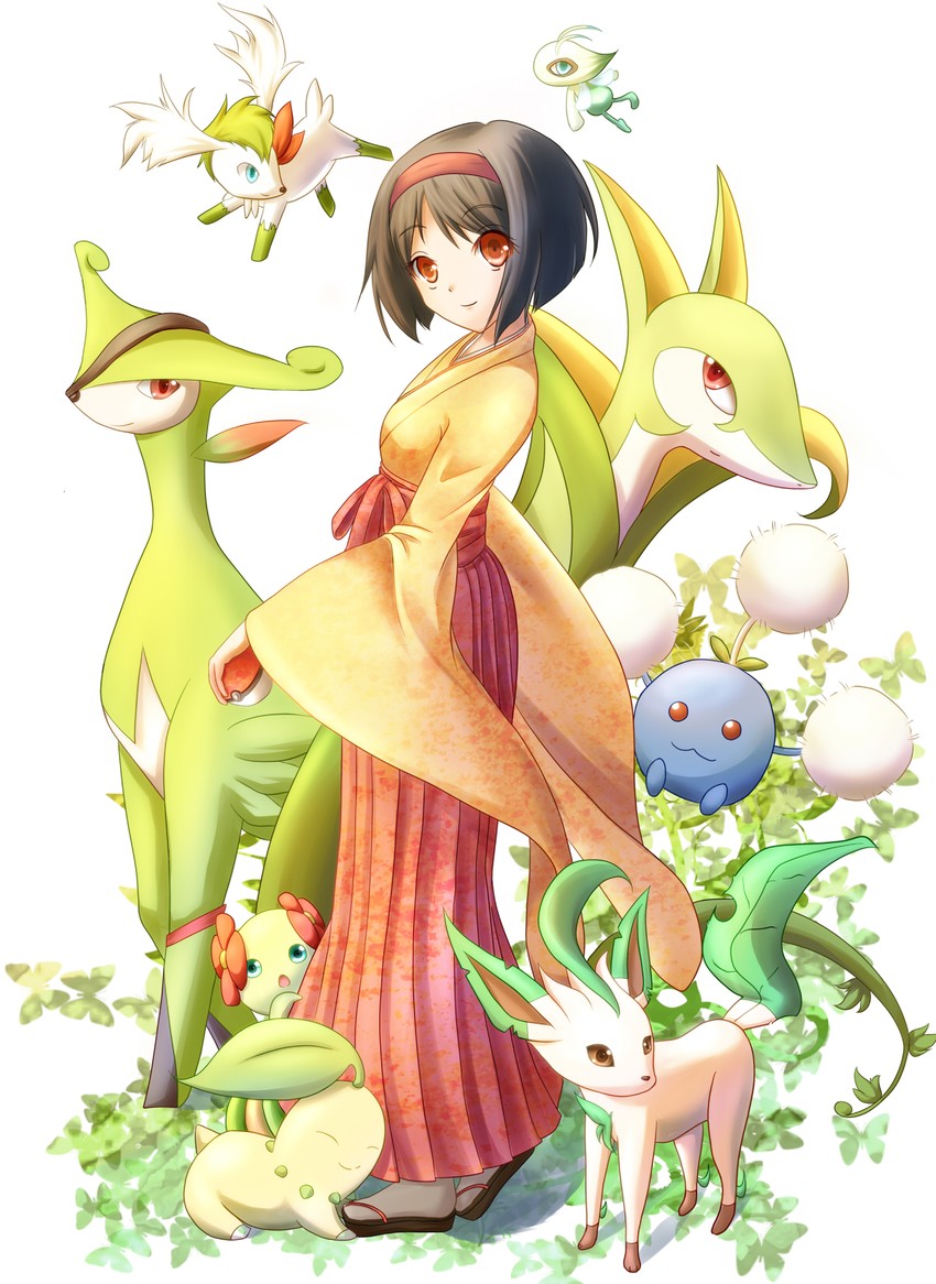 leafeon, chikorita, erika, celebi, shaymin, and 4 more (pokemon and 1 more) drawn by nekonekonene