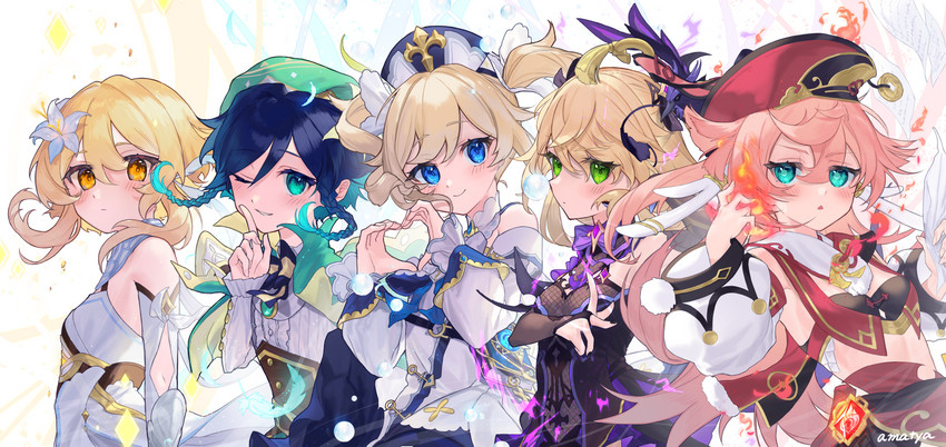 lumine, venti, fischl, barbara, yanfei, and 1 more (genshin impact) drawn by amatya