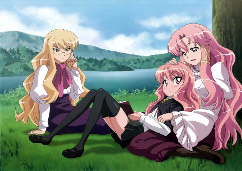 louise francoise le blanc de la valliere, cattleya yvette la baume le blanc de la fontaine, and eleanor albertine le blanc de la blois de la valliere (zero no tsukaima) drawn by fujii_masahiro