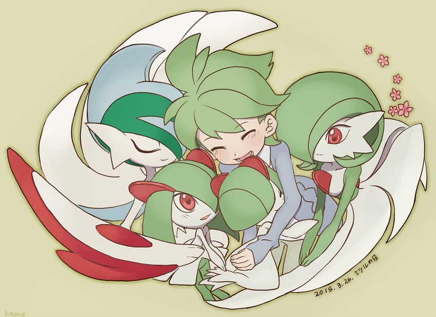 gardevoir, kirlia, gallade, ralts, wally, and 1 more (pokemon and 1 more) drawn by mari_mokomo