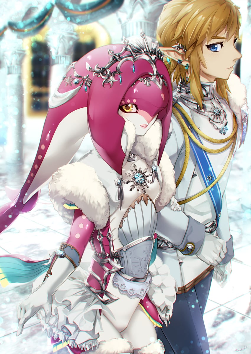 link and mipha (the legend of zelda and 1 more) drawn by kandori_makoto