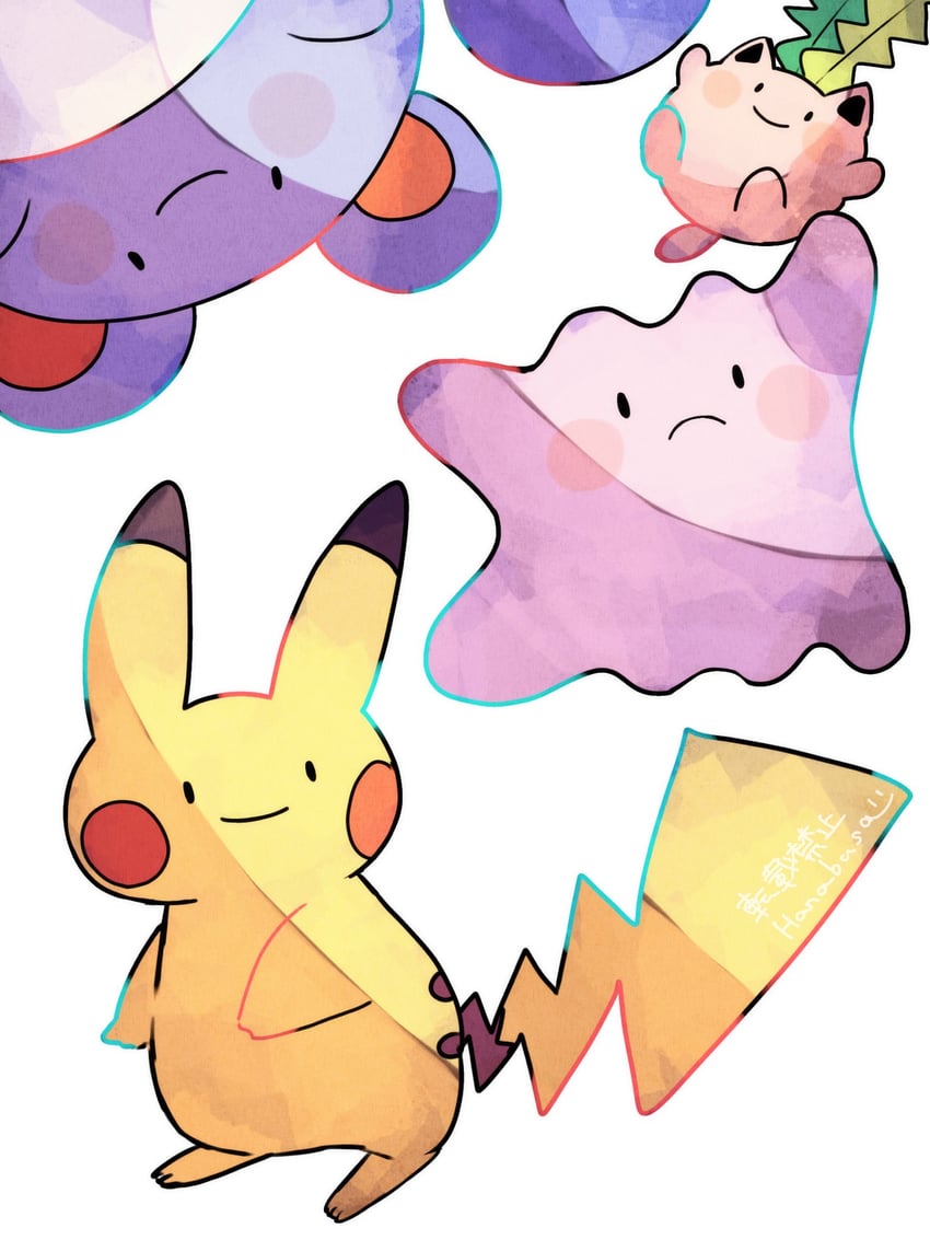 pikachu, ditto, marill, hoppip, and transformed ditto (pokemon) drawn by hanabusaoekaki