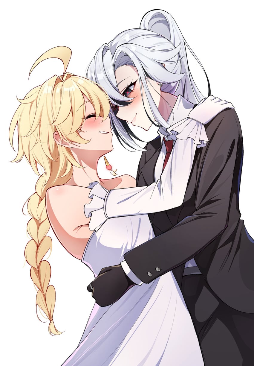 aether and arlecchino (genshin impact) drawn by midori_(midori13579)