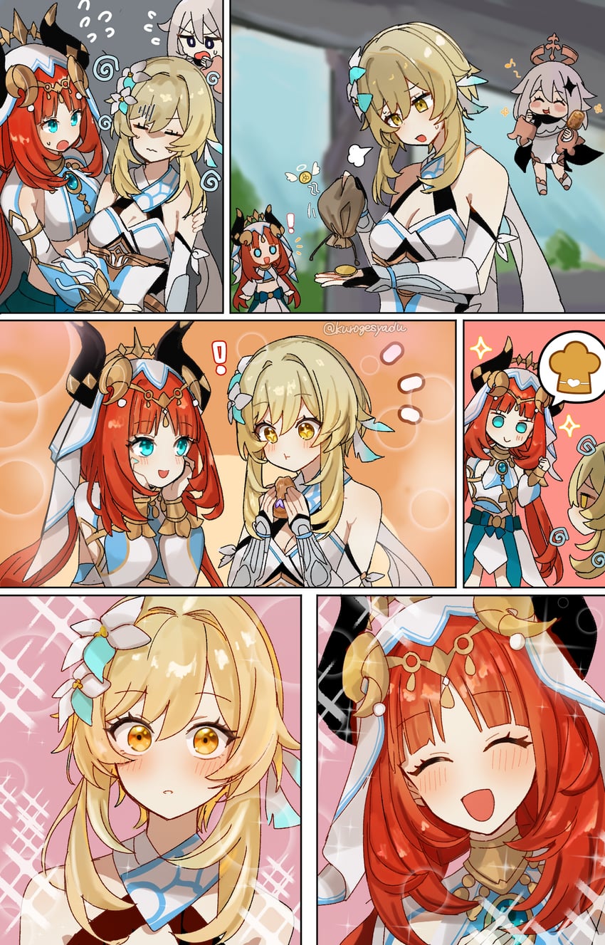 lumine, paimon, and nilou (genshin impact) drawn by kuromu_shado