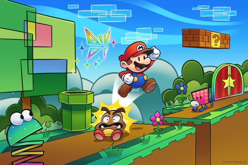 mario, goomba, paper mario, tippi, squiglet, and 1 more (mario and 2 more) drawn by vinny_(dingitydingus)