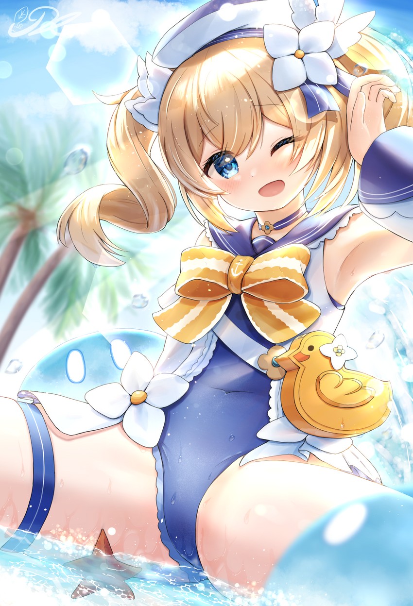 barbara, slime, and hydro slime (genshin impact) drawn by j2l