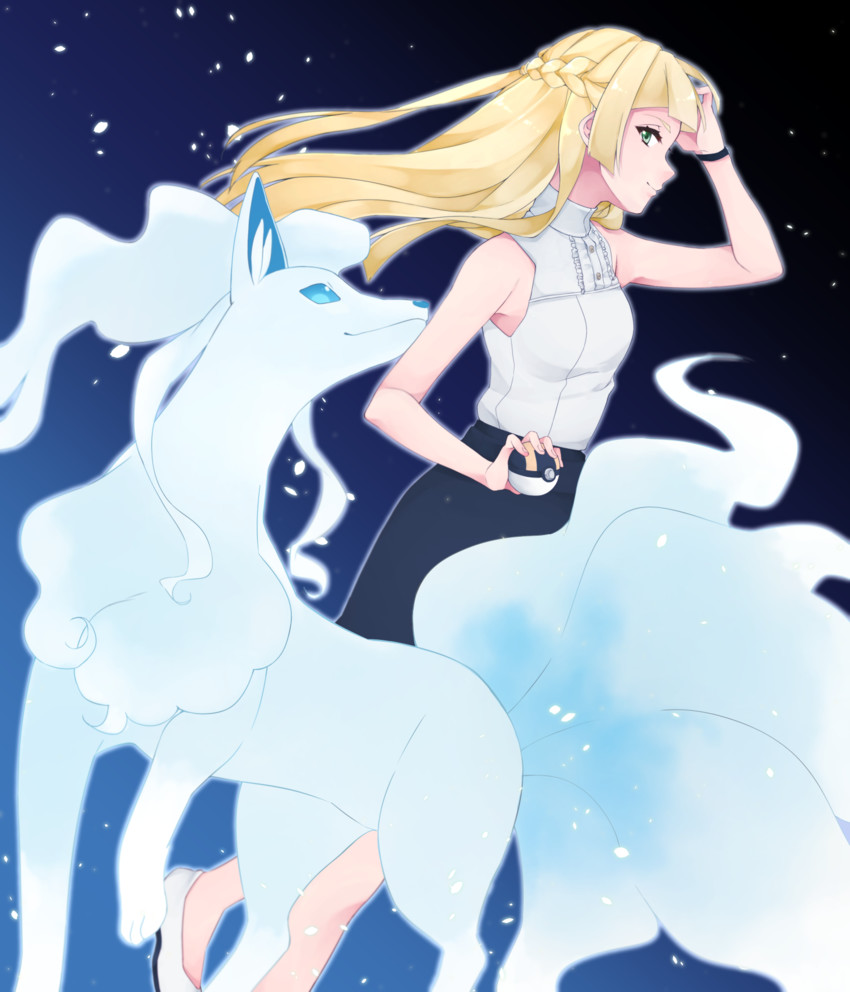 lillie and alolan ninetales (pokemon and 1 more) drawn by chun_(ya_i_memories)