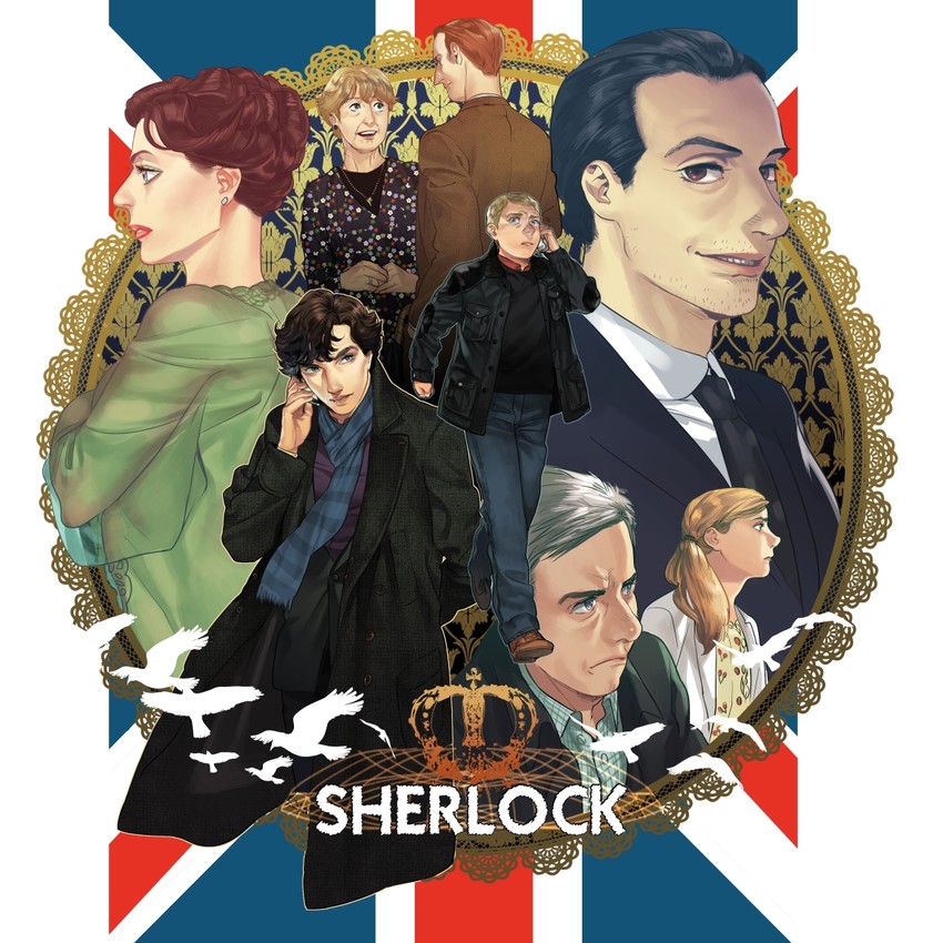 sherlock holmes, john hamish watson, james moriarty, greg lestrade, martha louise hudson, and 3 more (the adventures of sherlock holmes and 1 more) drawn by icym