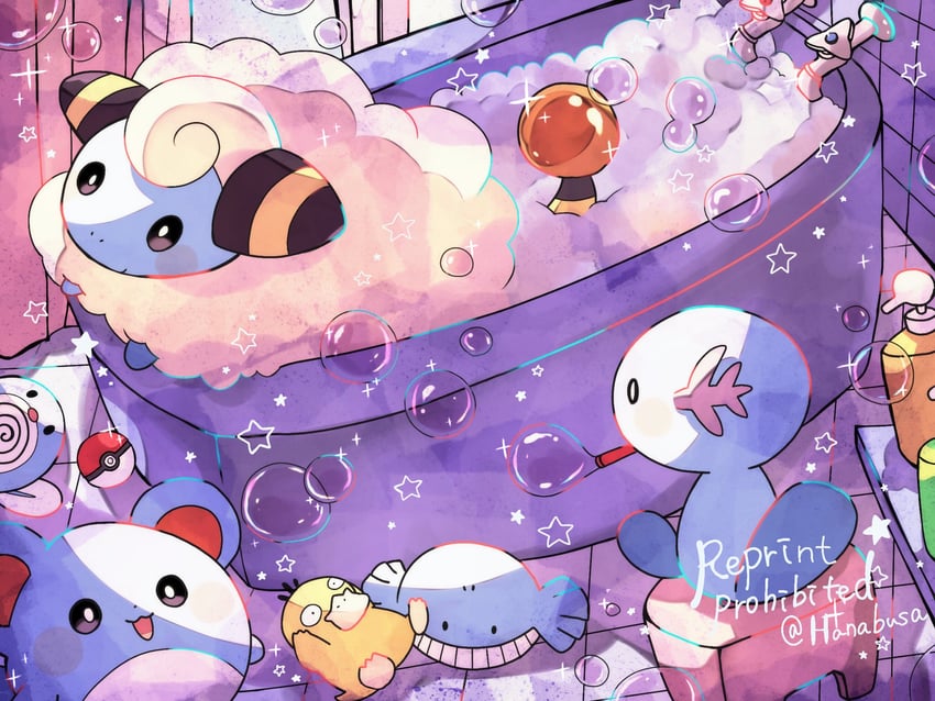 psyduck, marill, wooper, mareep, poliwag, and 1 more (pokemon) drawn by hanabusaoekaki