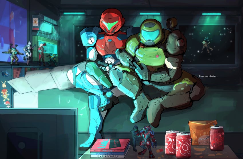 pikachu, samus aran, doomguy, isaac clarke, bt-7274, and 3 more (pokemon and 14 more) drawn by spartans_doodles