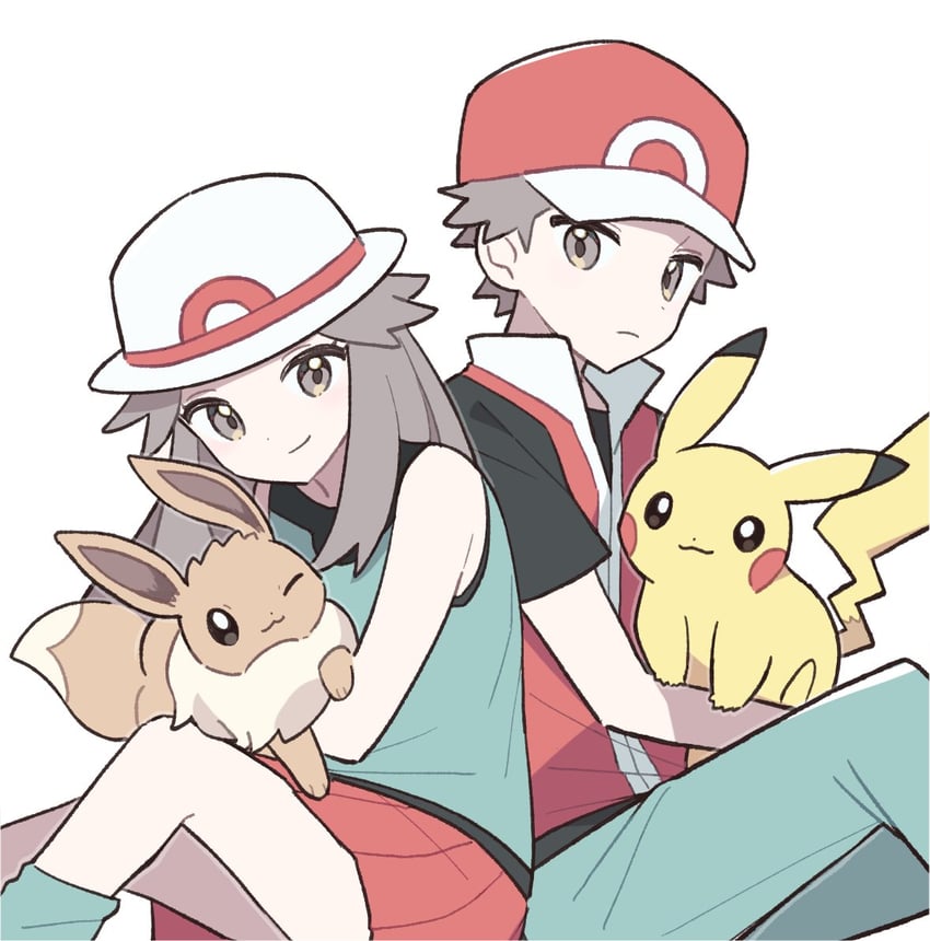pikachu, red, eevee, and leaf (pokemon and 1 more) drawn by oyul_o