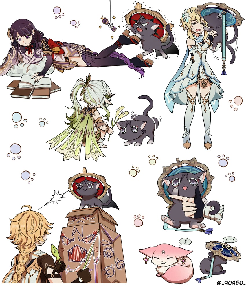 lumine, raiden shogun, aether, yae miko, nahida, and 2 more (genshin impact) drawn by pillosopi