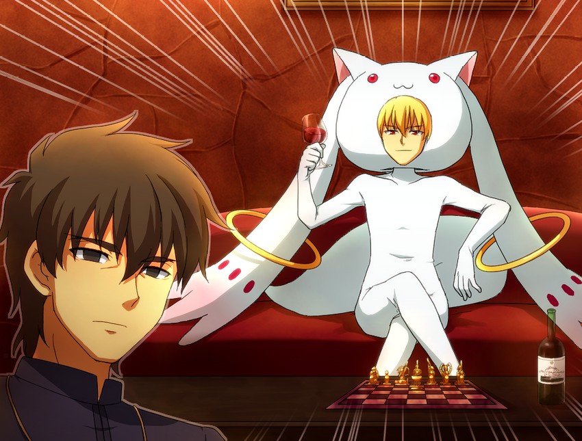 kyubey, gilgamesh, kotomine kirei, and urobuchi gen (fate and 3 more) drawn by hanjuku_tomato