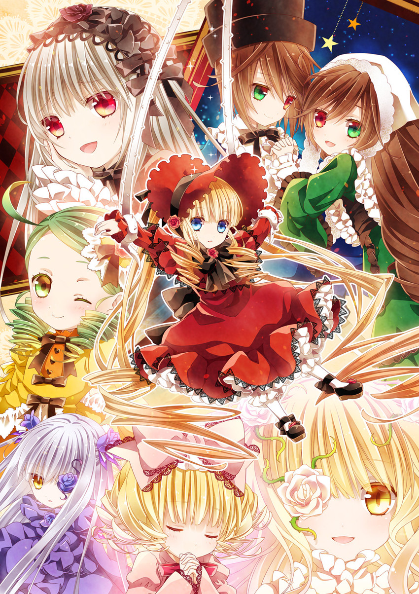 suigintou, shinku, suiseiseki, souseiseki, hinaichigo, and 3 more (rozen maiden and 1 more) drawn by moru