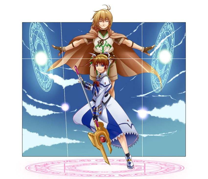 takamachi nanoha, raising heart, and yuuno scrya (lyrical nanoha and 2 more) drawn by aomidori_(krkg)