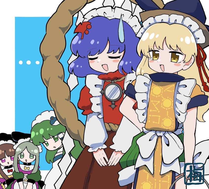 kochiya sanae, yasaka kanako, matara okina, nishida satono, and teireida mai (touhou) drawn by umebitan
