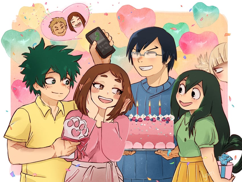 midoriya izuku, uraraka ochaco, toga himiko, asui tsuyu, iida tenya, and 2 more (boku no hero academia) drawn by lyneriii