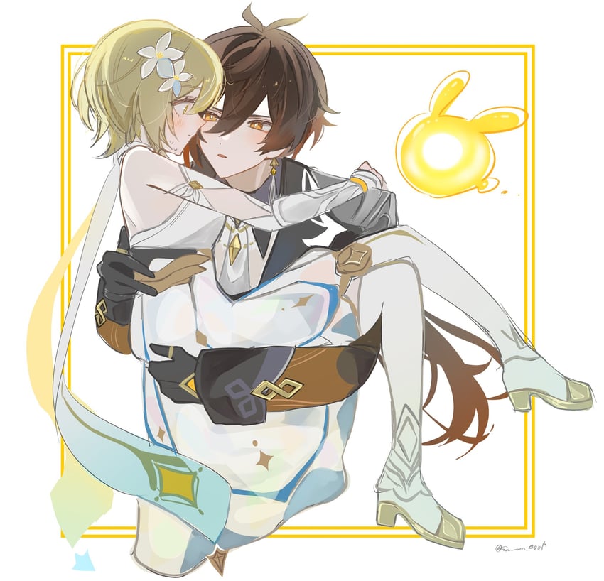 lumine, zhongli, and seelie (genshin impact) drawn by samon_(vxxr8575)