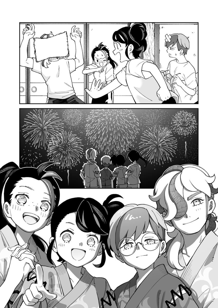 juliana, nemona, penny, and arven (pokemon and 1 more) drawn by sakake_asobi