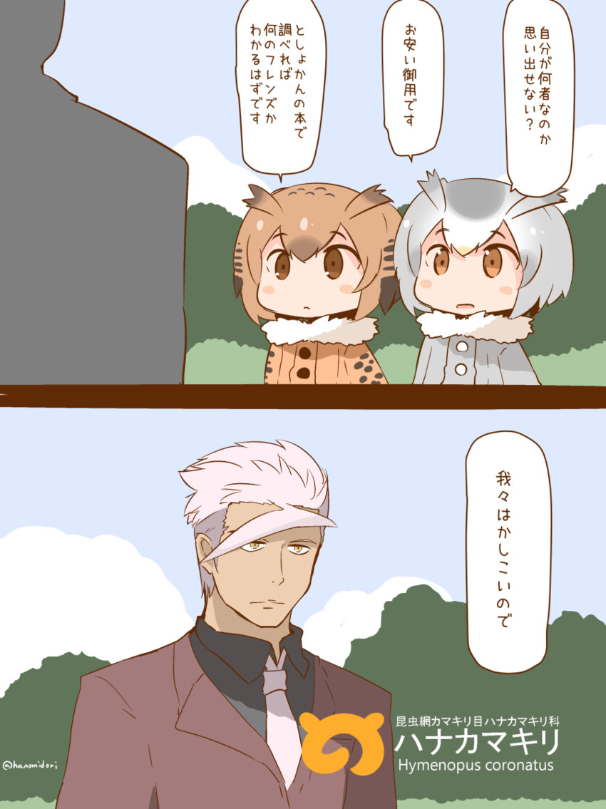northern white-faced owl, eurasian eagle owl, and orga itsuka (gundam and 2 more) drawn by hanomido