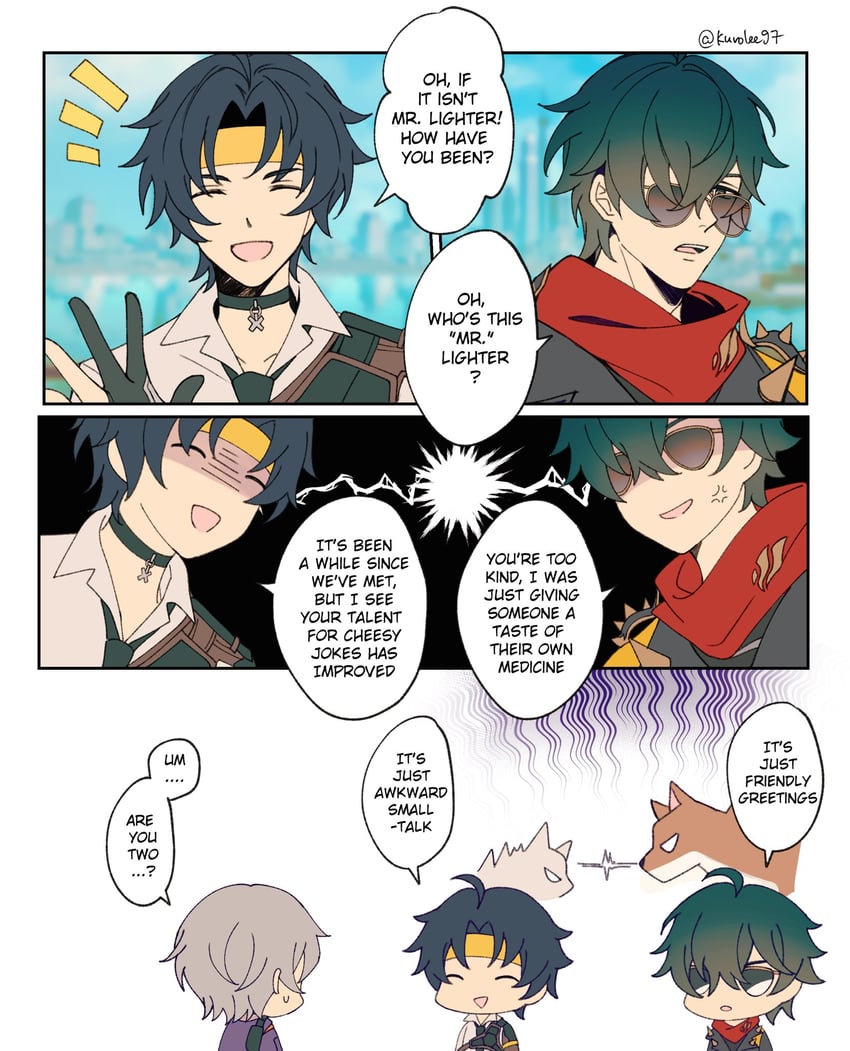 wise, asaba harumasa, and lighter (zenless zone zero) drawn by kuro_lee
