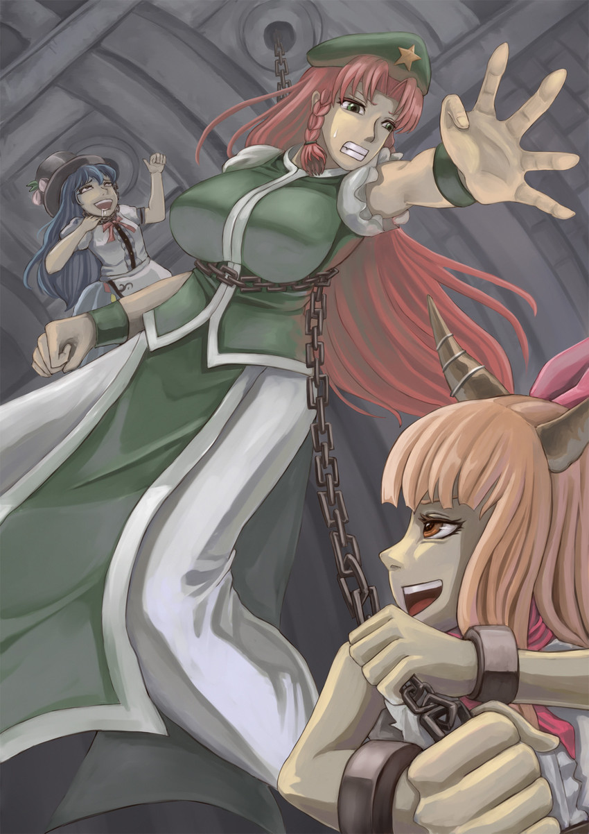 hong meiling, hinanawi tenshi, and ibuki suika (touhou and 1 more) drawn by amibazh