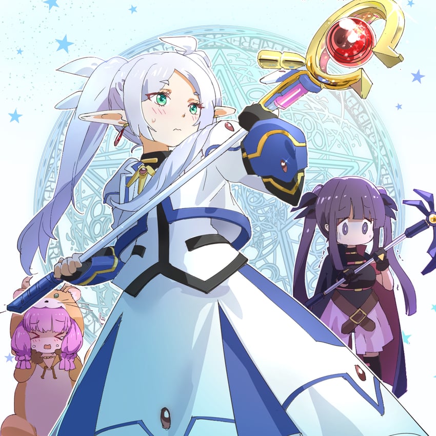 frieren, fate testarossa, takamachi nanoha, fern, raising heart, and 3 more (lyrical nanoha and 3 more) drawn by kyarahiba