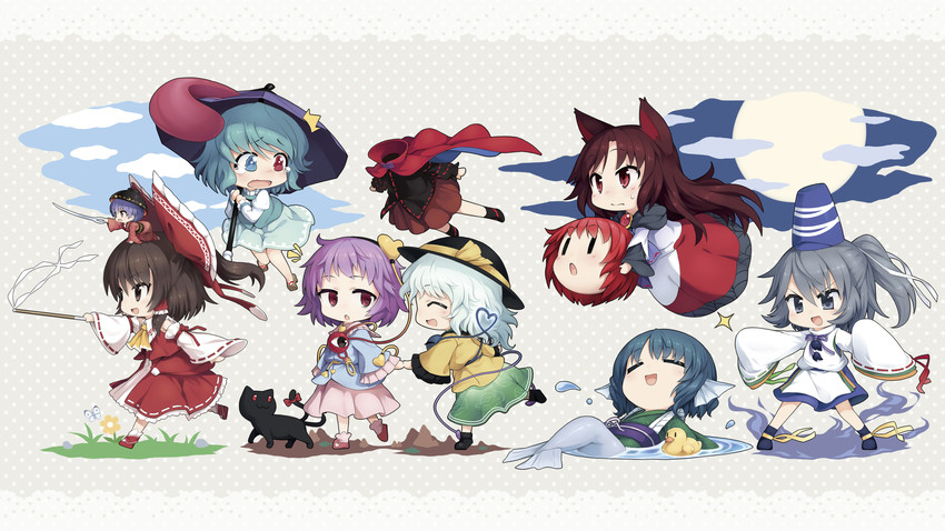hakurei reimu, komeiji koishi, komeiji satori, kaenbyou rin, tatara kogasa, and 5 more (touhou and 1 more) drawn by aqua-lia