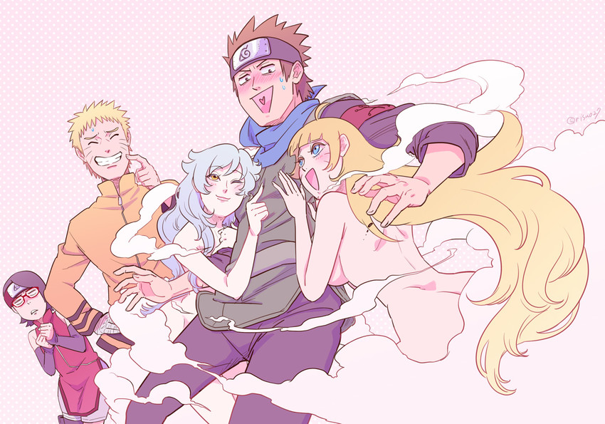 uzumaki naruto, uchiha sarada, uzumaki boruto, mitsuki, and sarutobi konohamaru (naruto and 1 more) drawn by risuo
