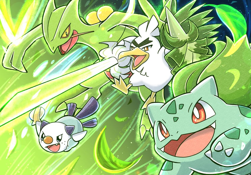 bulbasaur, oshawott, sirfetch'd, and sceptile (pokemon) drawn by shuri_(syurigame)