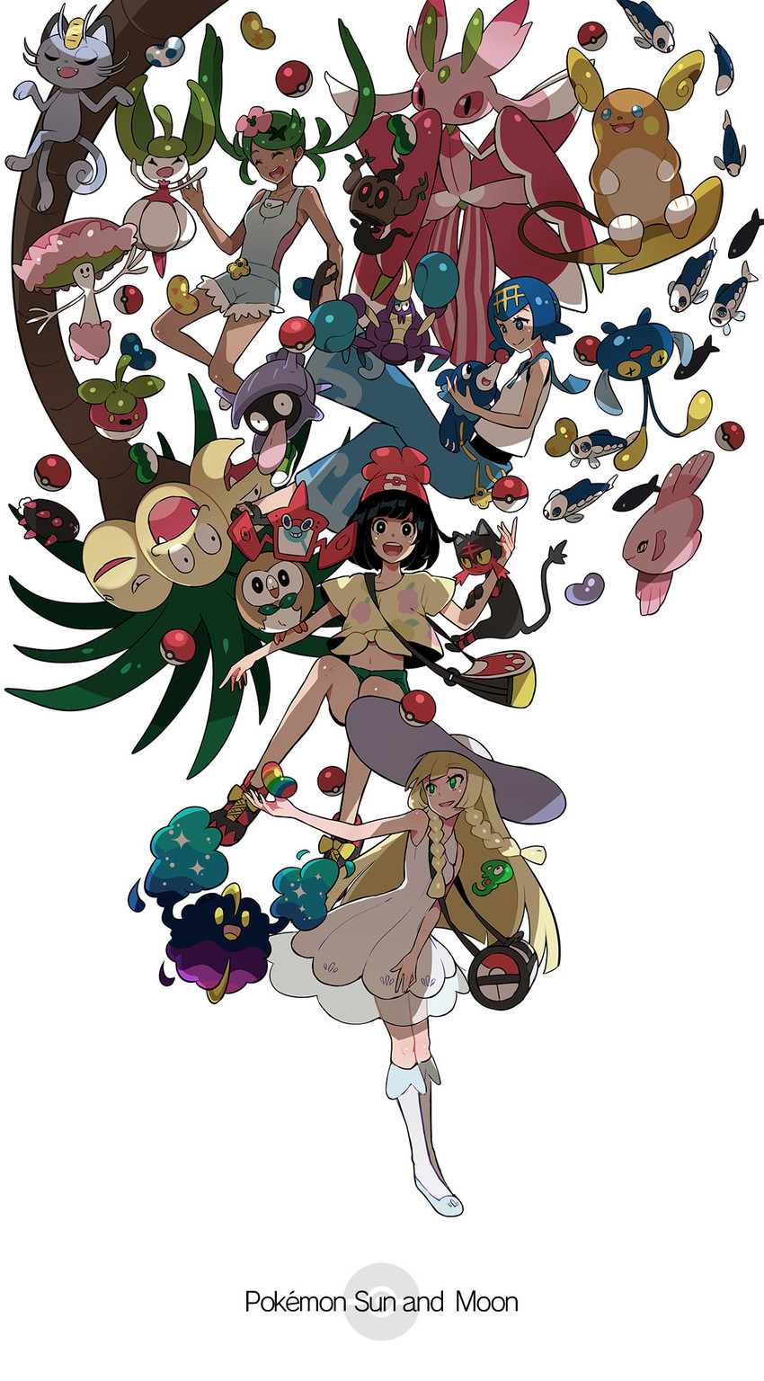 lillie, selene, rotom, rowlet, lana, and 21 more (pokemon and 1 more) drawn by lam_(ramdayo)