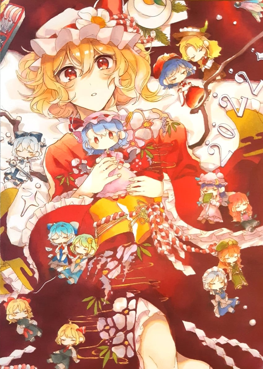 remilia scarlet, flandre scarlet, izayoi sakuya, cirno, patchouli knowledge, and 7 more (touhou) drawn by laspberry.