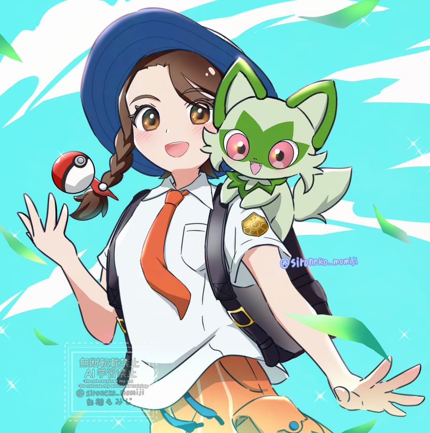 juliana and sprigatito (pokemon and 1 more) drawn by shironeko_momiji