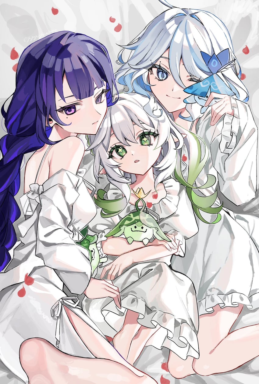 raiden shogun, furina, nahida, and aranara (genshin impact) drawn by yuyuyu_yuabitto