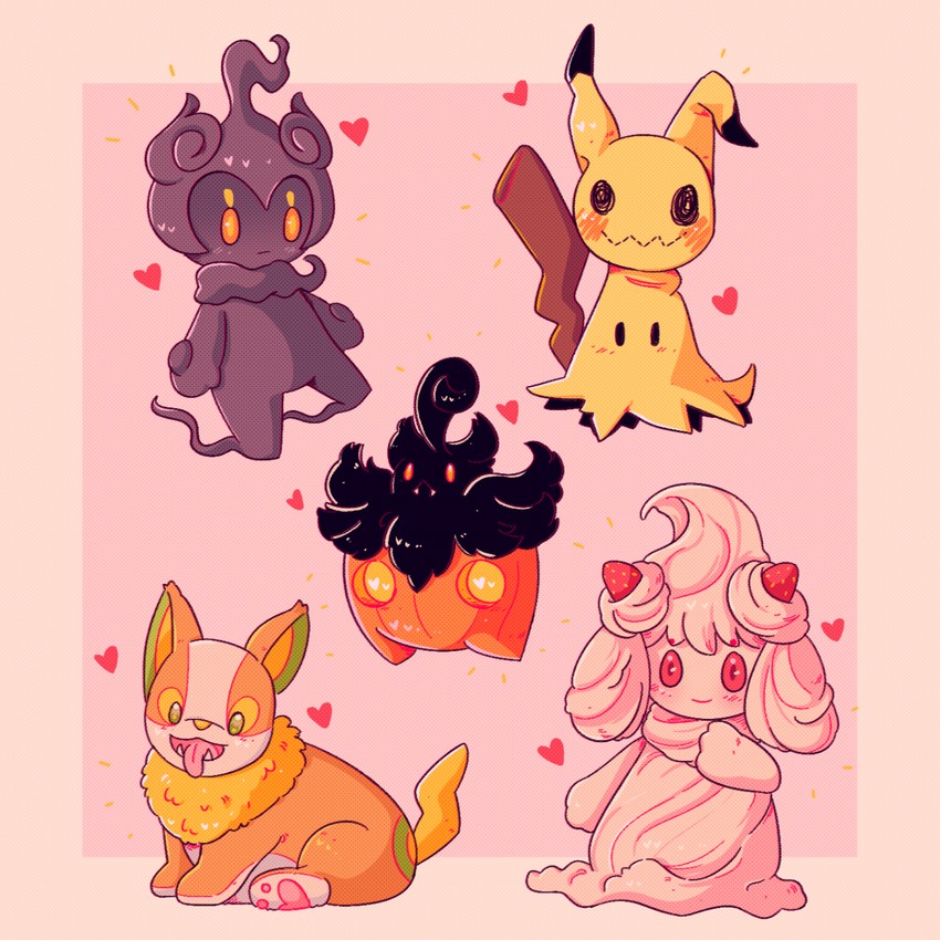 mimikyu, yamper, alcremie, pumpkaboo, and marshadow (pokemon) drawn by lavenderhomo
