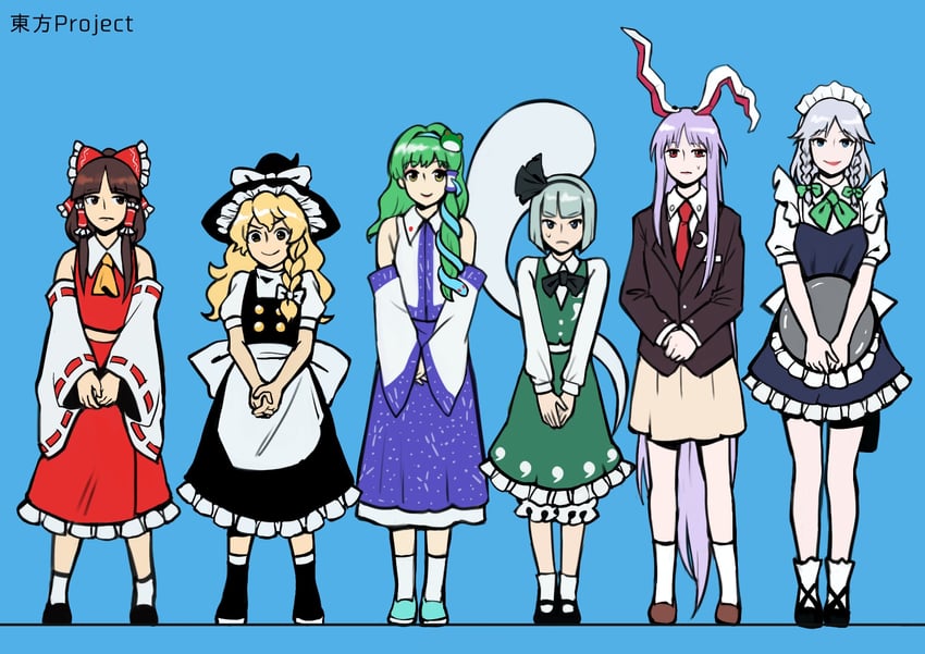 hakurei reimu, kirisame marisa, izayoi sakuya, kochiya sanae, konpaku youmu, and 1 more (touhou and 1 more) drawn by himuhino