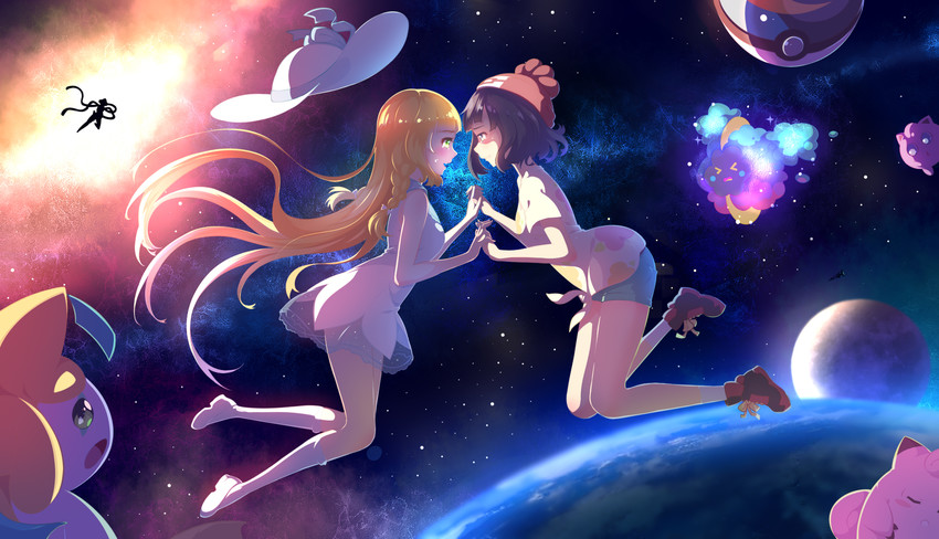 lillie, selene, jigglypuff, jirachi, cosmog, and 2 more (pokemon and 1 more) drawn by senba_hikari